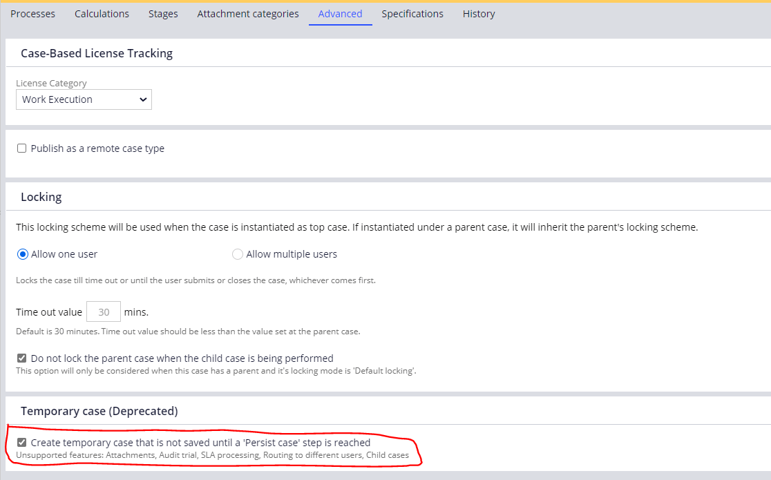 Create temporary case in pega case type Support Center
